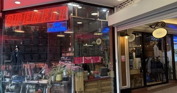 Openfit shop front at Flying Horse Walk Nottingham, with OPENFIT neon sign