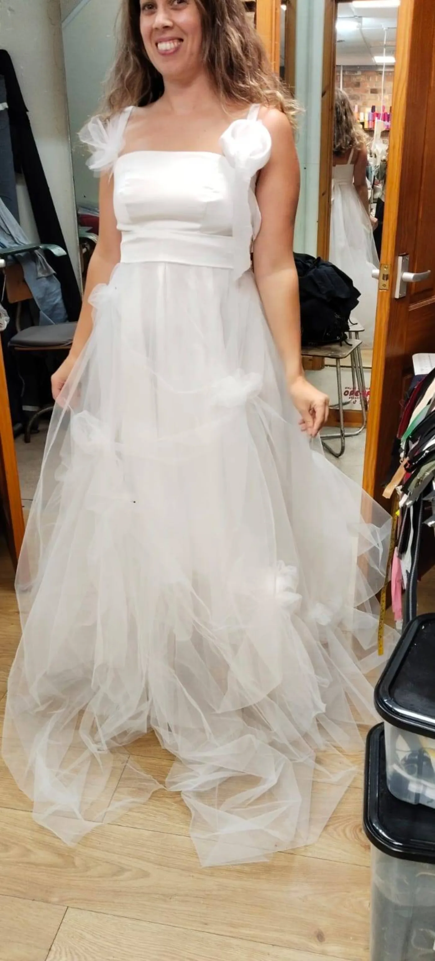 Wedding dress fitting at Openfit Nottingham — satin bodice with tulle skirt