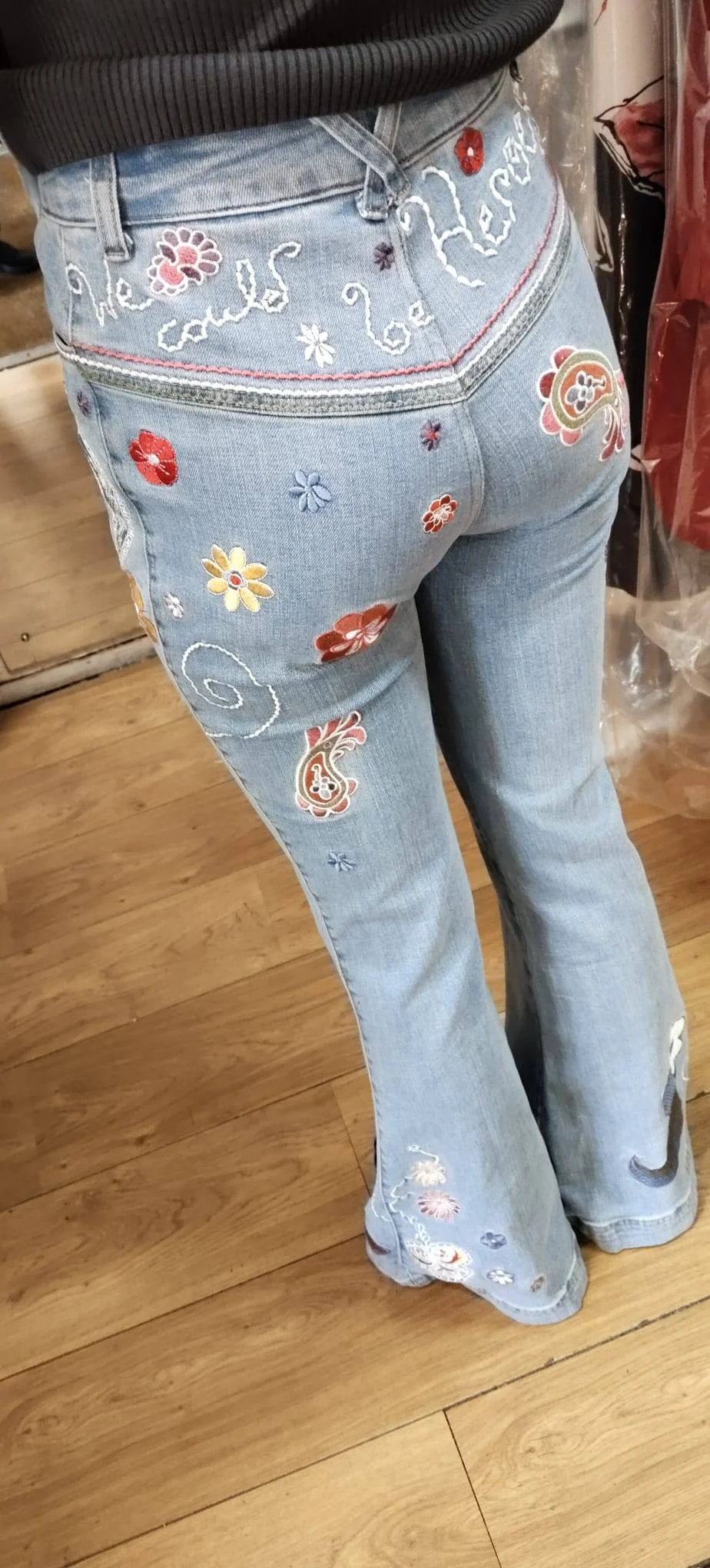 Bespoke embroidered flare jeans — We could be heroes — made at Openfit Nottingham